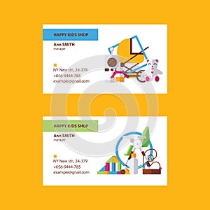 Business cards good for kids shop or children goods store in bright colors on white background. Vector collection for newborn baby