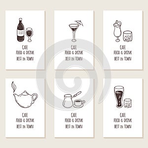 Business cards set with outline hand drawn drinks. Retro style background