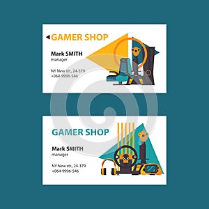 Business cards on white background for video gamer shop. Set with two design with joystick, gamepad, gamers accessories as players