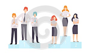 Business and Career Competition with Man and Woman Office Worker Having Rivalry Standing on Pedestal Vector Set