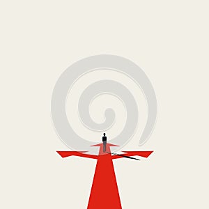 Business or career decision vector concept with businessman standing on crossroads. Symbol of motivation, ambition.