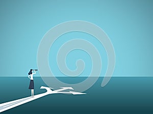 Business or career decision vector concept. Businesswoman standing at crossroads. Symbol of challenge, choice, change