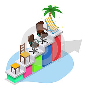 Business career growth, vector isometric illustration. Ladder with tabouret, boss chair and chaise longue with palm.