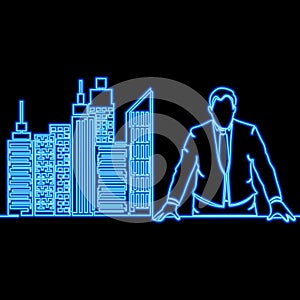 Business or career opportunity businessman and big city icon neon glow concept