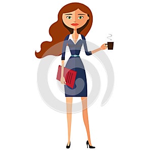 Business carroty young woman with a cup of tea and teapot. Vector flat cartoon illustration