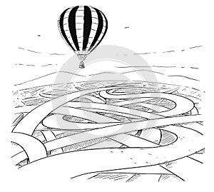 Business Cartoon of Hot Air Ballon Over Maze of Roads as Easy Way Forward