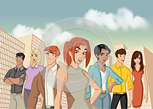 Business cartoon young people in the city