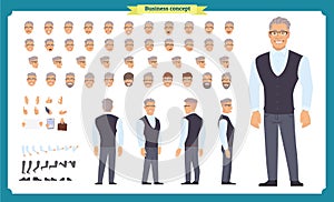 Business casual fashion. Front, side, back view animated character. Manager character constructor with various views, hairstyles