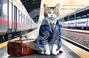 business cat in a tie and jacket with a suitcase sits at the station