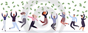 Business celebrating. Happy business team celebrating victory, jump under money rain, falling cash. Successful business