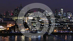Business Center Cityscape With View Of River Thames In London, UK At Night.