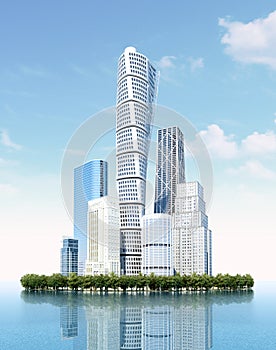 Business center island with glass skyscrapers