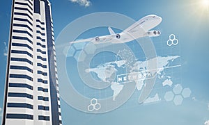 Business center with map and graphs