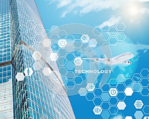 Business center with world map and clouds