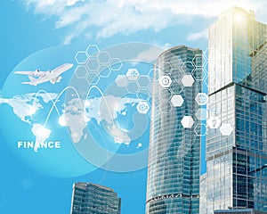 Business center with world map and jet