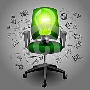 Business chair with Green light bulb on hand drawn business icon