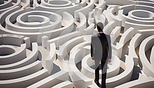 Business challenge.Businessman standing on center of maze. Concepts of finding a solution, problem solving and challenge