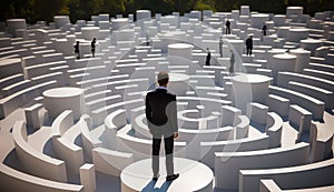 Business challenge.Businessman standing on center of maze. Concepts of finding a solution, problem solving and challenge