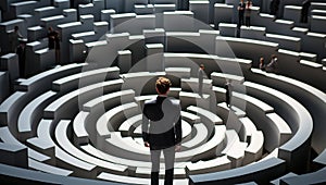 Business challenge.Businessman standing on center of maze. Concepts of finding a solution, problem solving and challenge