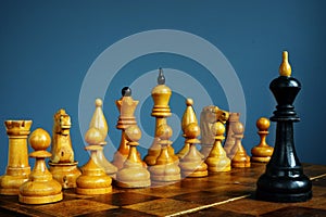 Business challenge and competitive strategy. King in front of other chess