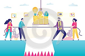 Business challenge concept banner. Two groups of business people pull rope. Fight for prize and money. Teamwork office conflict.