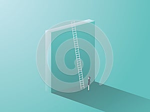 Business challenge concept with big wall and ladder. Businesswoman standing in front, symbol for career growth, finding