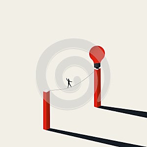 Business challenge and creativity vector concept. Businessman on tightrope to lightbulb. Symbol of courage, innovation.