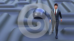 Business challenge difficulty businessman chased by big sphere in labyrinth adversity and problems 3D illustration