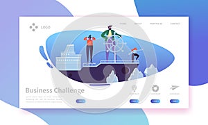 Business Challenge Landing Page. Banner with Flat People Characters on the Ship in Dangerous Water Website Template
