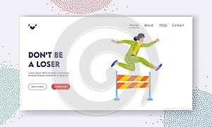 Business Challenge Landing Page Template. Woman Character Running Obstacle Race Jumping over Barrier