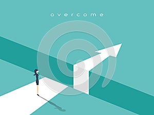 Business challenge or obstacle vector concept with businesswoman standing on the edge of gap, chasm with arrow going