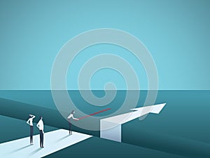 Business challenge overcome and finding solutions vector concept. Woman building bridge over gap. Symbol of creative