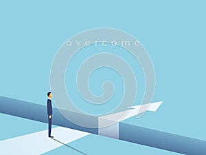 Business challenge and solution vector concept with businessman standing over big gap. Symbol of overcoming obstacles