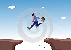 Business challenge and solution vector concept with businessman standing over big gap. Symbol of overcoming obstacles, strategy,