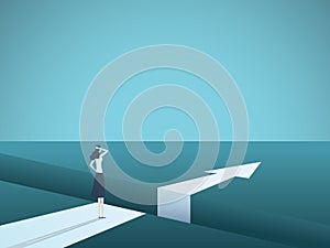 Business challenge and solution vector concept with businesswoman standing over big gap. Symbol of overcoming obstacles