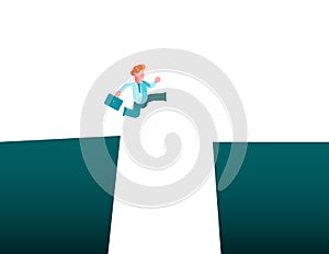 Business challenge vector concept with businessman jumping over gap. Symbol of motivation, finding solution, overcome obstacles