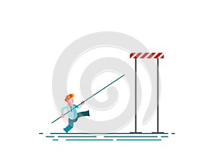 Business challenge vector concept with businessman jumping pole vault over barrier. Symbol of motivation, finding solution,