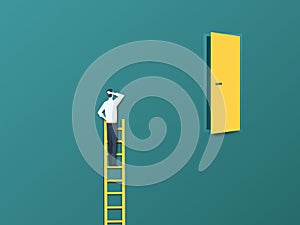 Business challenge vector concept with businessman on ladder far from door. Modern paper cutout vector style. Symbol of