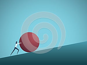 Business challenge vector concept with businesswoman as sisyphus pushing rock uphill. Symbol of difficulty, ambition