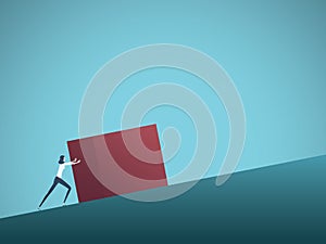 Business challenge vector concept with businesswoman as sisyphus pushing rock uphill. Symbol of difficulty, ambition