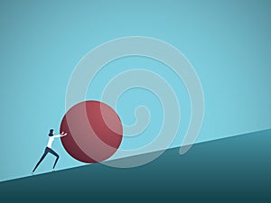 Business challenge vector concept with businesswoman as sisyphus pushing rock uphill. Symbol of difficulty, ambition photo