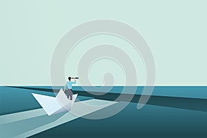 Business challenge vector concept with entrepreneur in paper boat. Symbol of vision, solution, motivation.