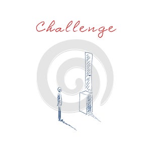 Business challenge vector concept with man standing in front of door too high. Symbol of obstacles, overcoming and