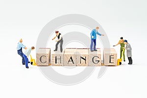 Business change, transform or self development for success concept, miniature people figure, workers, employee staffs help move w