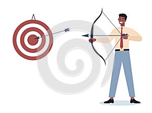 Business character aiming in target and shooting with arrow. Employee