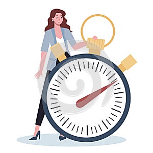 Business character with a clock. Work effectivity and planning.