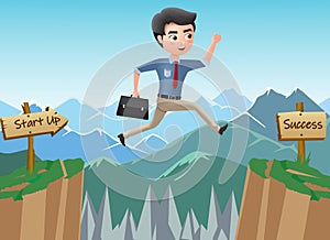 Business character journey to success vector concept. Business man character jumping risk for achievement.