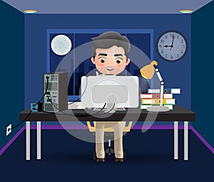 Business character overtime employee vector concept. Male business character office employee working.