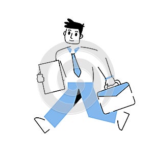 Business character is rushing to work with suitcase. Running man