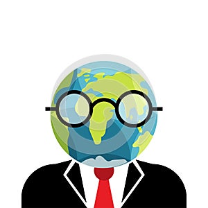 Business character shaped as Earth globe in jacket and tie isolated on white